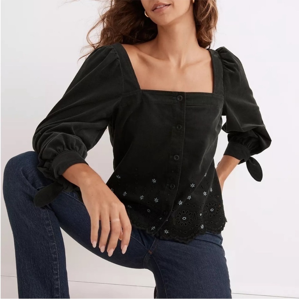 Madewell Embroidered Eyelet Corduroy Tie-Sleeve Top sz XS NH023